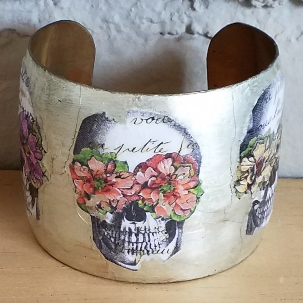 Artisan CHEYLA  Handpainted Sugar Skulls And Flowers Silver Metal Cuff Bracelet
